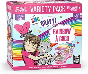 Weruva B.F.F. OMG - Best Feline Friend Oh My Gravy!, Rainbow A Gogo Variety Pack! Cat Food, 3oz Pouch (Pack of 12)