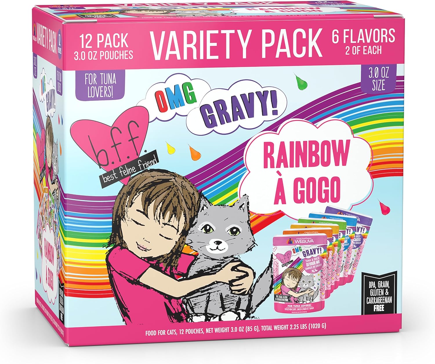 Weruva B.F.F. OMG - Best Feline Friend Oh My Gravy!, Rainbow A Gogo Variety Pack! Cat Food, 3oz Pouch (Pack of 12) image 2