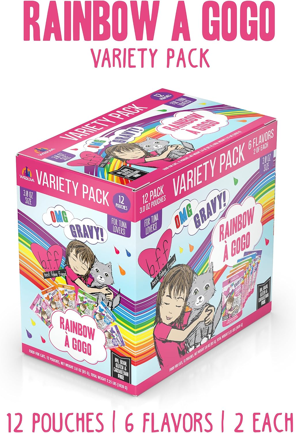 Weruva B.F.F. OMG - Best Feline Friend Oh My Gravy!, Rainbow A Gogo Variety Pack! Cat Food, 3oz Pouch (Pack of 12) image 3