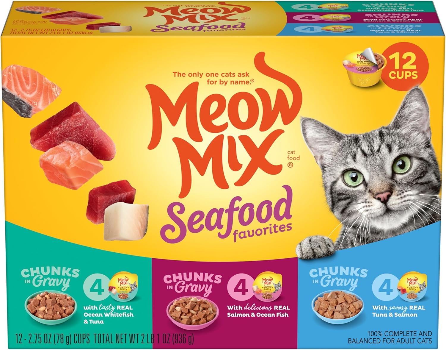 Meow Mix Seafood Favorites, Wet Food Variety Pack, 12 Cups image 2