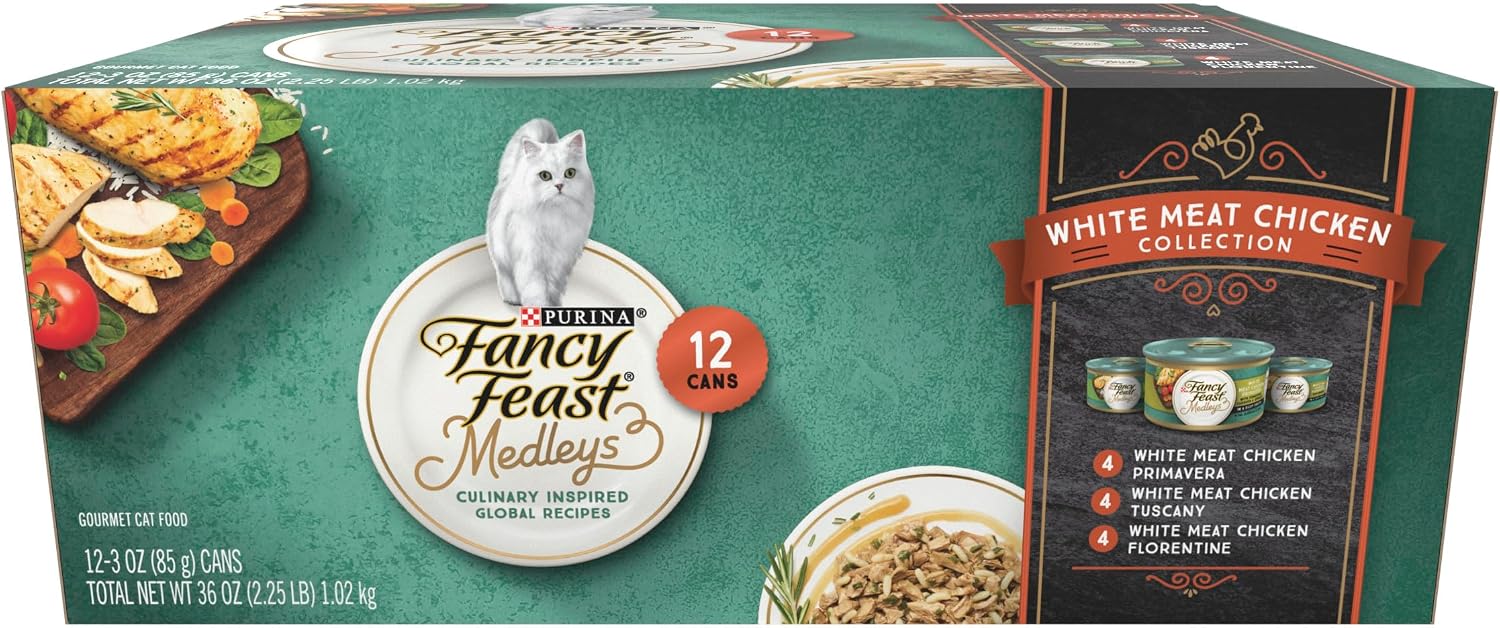 Purina Fancy Feast Medleys White Meat Chicken Wet Cat Food, 3 oz, 30-Pack | Variety Pack of tasty White Meat Chicken Florentine, Tuscany and Primavera recipes, 100 percent complete and balan image 2