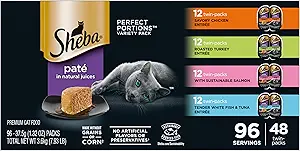 Sheba Perfect Portions Pate Wet Cat Food, Variety Pack, 2.6 oz, 48 ct | Chicken, Turkey, Salmon & Whitefish-Tuna, grain-free, 96 servings, sustainably sourced, convenient twin-pack portions