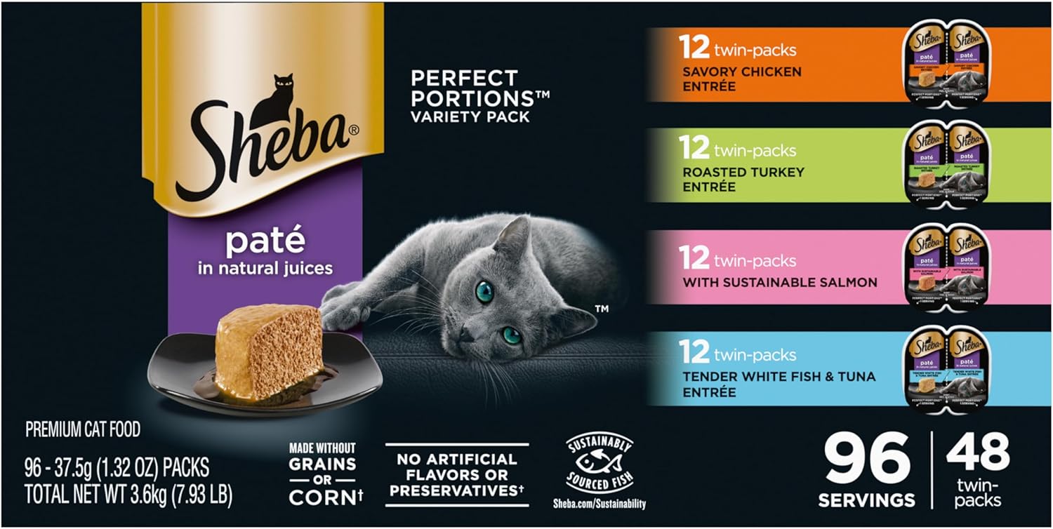 Sheba Perfect Portions Pate Wet Cat Food, Variety Pack, 2.6 oz, 48 ct | Chicken, Turkey, Salmon & Whitefish-Tuna, grain-free, 96 servings, sustainably sourced, convenient twin-pack portions image 2