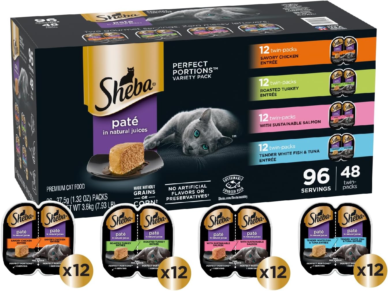 Sheba Perfect Portions Pate Wet Cat Food, Variety Pack, 2.6 oz, 48 ct | Chicken, Turkey, Salmon & Whitefish-Tuna, grain-free, 96 servings, sustainably sourced, convenient twin-pack portions image 3