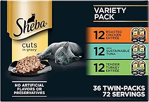 Sheba Perfect Portions Cuts Wet Cat Food, Variety Pack, 2.6 oz, 36 ct | Grain-free, Chicken, Tuna & Turkey, 72 servings, no by-products/fillers/artificial flavors, snap-peel-serve twin-pack 