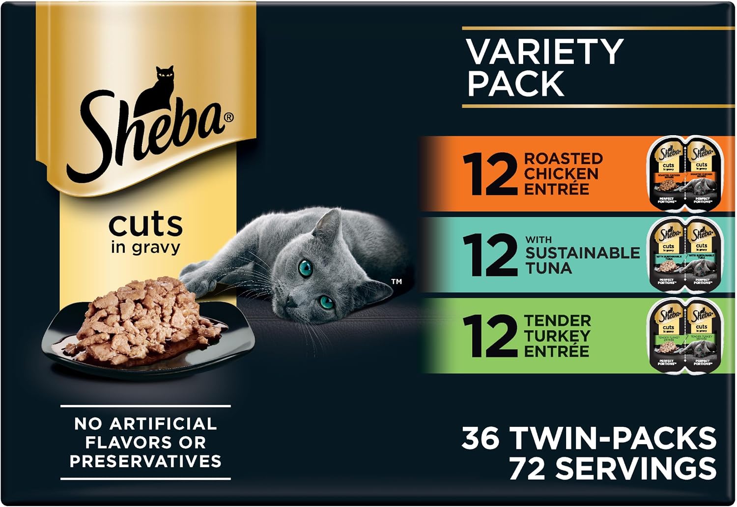 Sheba Perfect Portions Cuts Wet Cat Food, Variety Pack, 2.6 oz, 36 ct | Grain-free, Chicken, Tuna & Turkey, 72 servings, no by-products/fillers/artificial flavors, snap-peel-serve twin-pack  image 2