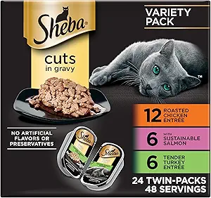 Sheba Perfect Portions Cuts Wet Cat Food, Multipack, 2.6 oz, 24 ct | Grain-free, Chicken, Salmon & Turkey flavors, protein-rich, no corn or soy, essential vitamins & minerals, twin-pack tray