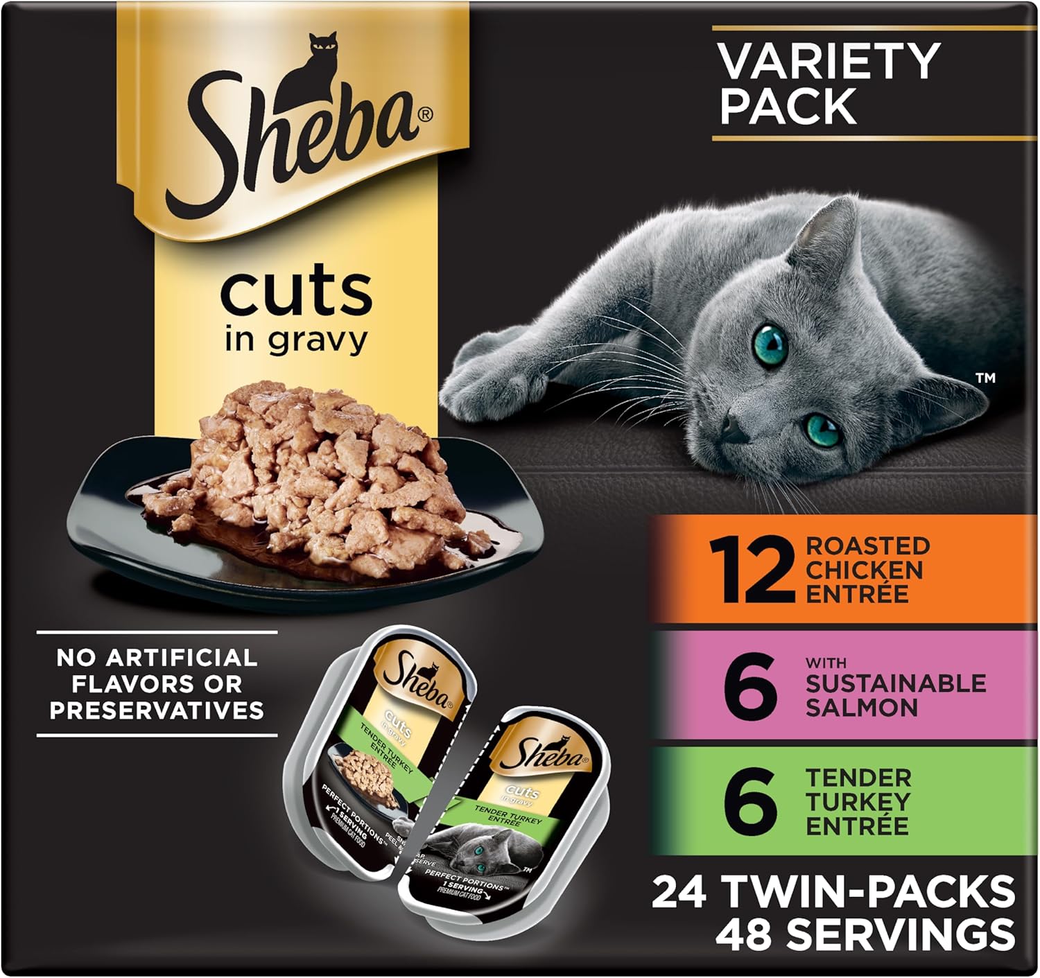 Sheba Perfect Portions Cuts Wet Cat Food, Multipack, 2.6 oz, 24 ct | Grain-free, Chicken, Salmon & Turkey flavors, protein-rich, no corn or soy, essential vitamins & minerals, twin-pack tray image 2