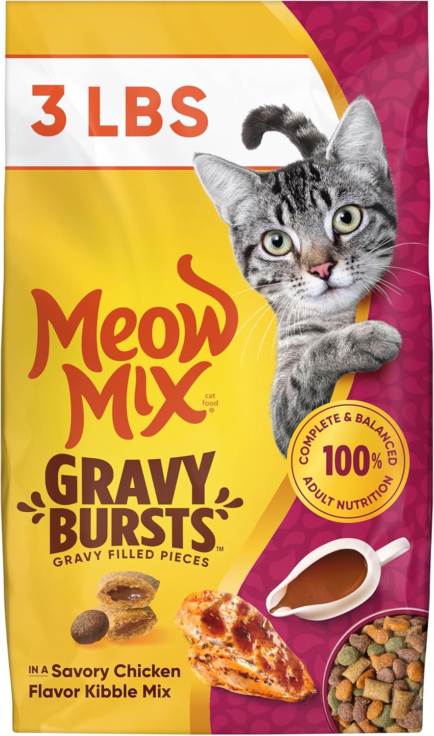 Meow Mix Gravy Bursts Dry Cat Food, 3 lb Bag | Crunchy cat kibble, gravy filled pieces, 100% complete & balanced nutrition for adult cats, high quality protein image 2