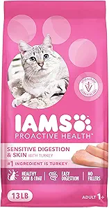 IAMS Proactive Health Sensitive Digestion Dry Cat Food, Turkey, 13 lb | Veterinarian-recommended, Real turkey #1 ingredient, prebiotics & fiber blend, Omega 6 & 3 for coat shine