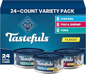 Blue Buffalo Tastefuls Variety Pack Flaked Wet Cat Food, 5.5 oz, 24 ct | Tuna, Chicken & Fish and Shrimp Entrées in Gravy (8 of Each), No Corn, Wheat, or Soy