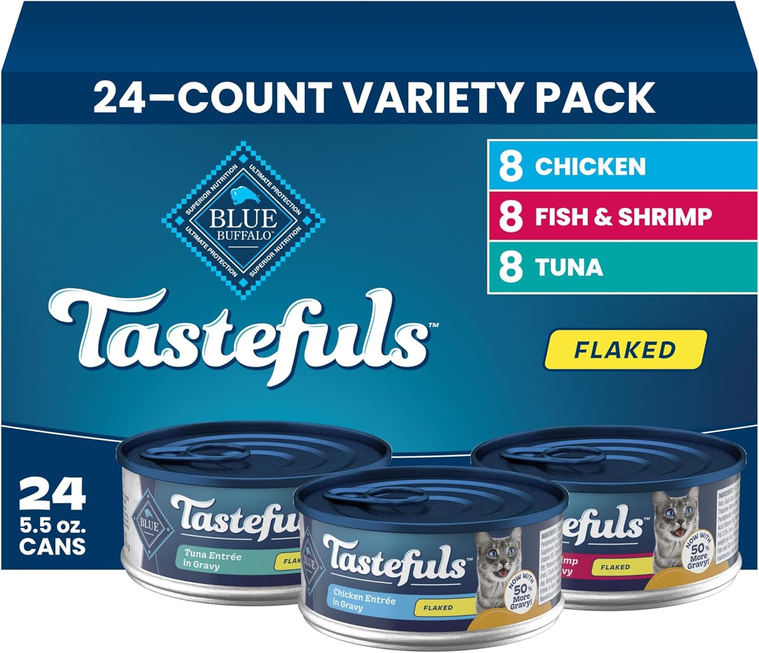 Blue Buffalo Tastefuls Variety Pack Flaked Wet Cat Food, 5.5 oz, 24 ct | Tuna, Chicken & Fish and Shrimp Entrées in Gravy (8 of Each), No Corn, Wheat, or Soy image 2