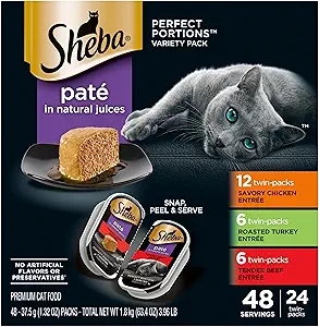 Sheba Perfect Portions Pate Wet Cat Food, Multipack, 2.6 oz, 24 ct | Grain-free, Chicken, Turkey & Beef, 48 servings, no artificial flavors/preservatives, complete & balanced, twin-pack tray