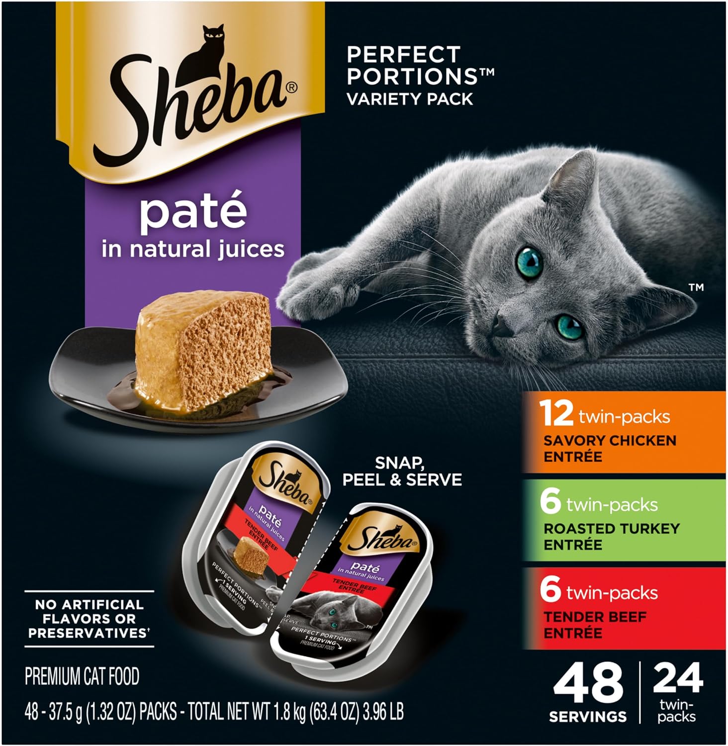 Sheba Perfect Portions Pate Wet Cat Food, Multipack, 2.6 oz, 24 ct | Grain-free, Chicken, Turkey & Beef, 48 servings, no artificial flavors/preservatives, complete & balanced, twin-pack tray image 2