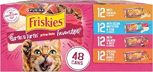 Purina Friskies Prime Filets Cat Food Variety Pack, 48 Ct Cans | Surfin' and Turfin' favorites in a savory gravy, made with real meat, poultry and seafood. 100% balanced nutrition