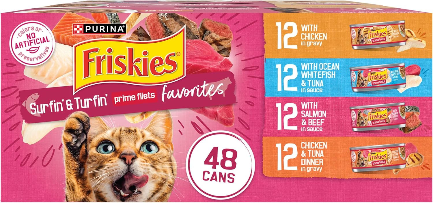 Purina Friskies Prime Filets Cat Food Variety Pack, 48 Ct Cans | Surfin' and Turfin' favorites in a savory gravy, made with real meat, poultry and seafood. 100% balanced nutrition image 2