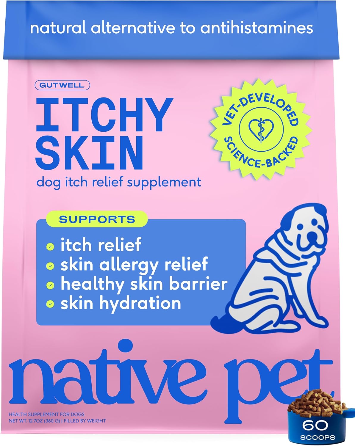 Native Pet Itchy Skin - Dog Itching Skin Relief - Vet-Formulated Gut-Skin Support, Seasonal Allergies, Healthy Skin Barrier - 60 Scoops image 2