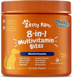 Zesty Paws Dog Multivitamin, Chewable Dog Vitamins and Supplements for Hip & Joints, Skin & Coat, Omega 3 Fish Oil for Dogs- Senior & Puppy Multivitamin- Chicken- 90ct