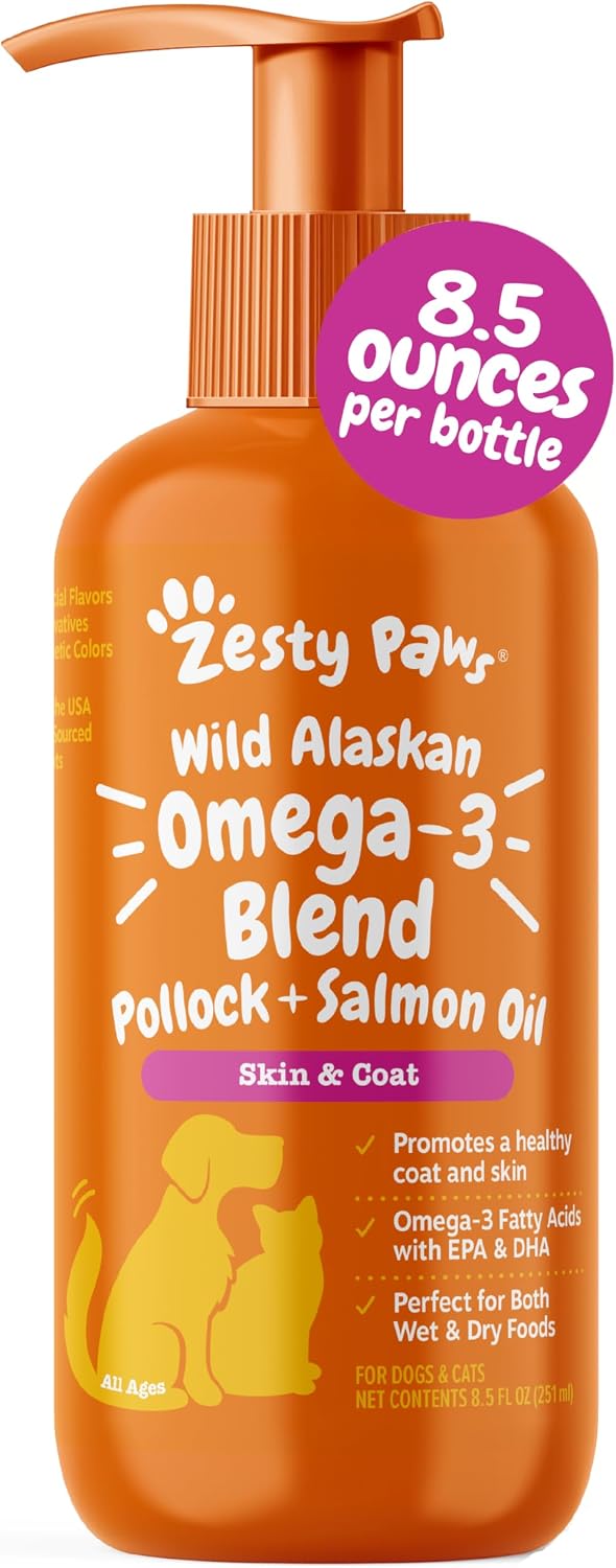 Zesty Paws Wild Alaskan Omega-3 Blend Pollock + Salmon Oil for Dogs and Cats- Skin and Coat Support, Omega 3 Supplement for Pets, 8.5oz image 2
