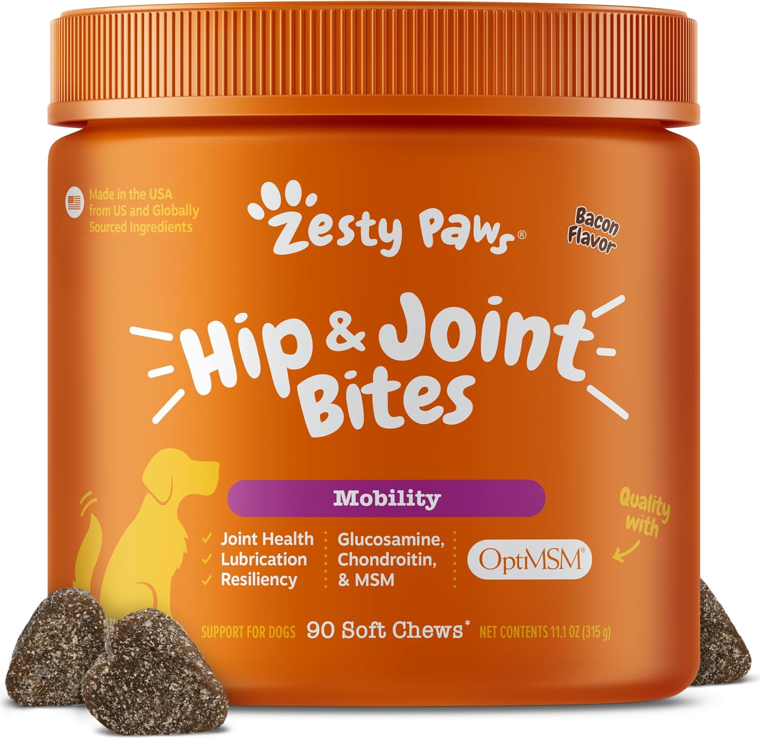 Zesty Paws Hip and Joint for Dogs, Glucosamine for Dogs Hip and Joint Supplement with Chondroitin, MSM, Vitamins C & E - Bacon, 90 Count image 2