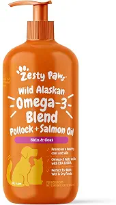 Zesty Paws Wild Alaskan Omega-3 Blend Pollock + Salmon Oil for Dogs and Cats- Skin and Coat Support, Omega 3 Supplement for Pets, 32oz