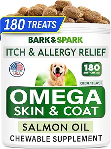 BARK&SPARK Omega 3 for Dogs - 180 Fish Oil Treats for Dog Shedding, Skin Allergy Chews, Itch Relief, Hot Spots Treatment - Joint Health - Skin and Coat Supplement - EPA & DHA Fatty Acids - S
